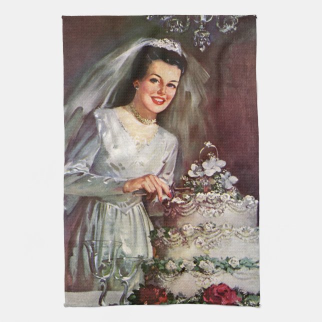 Vintage Wedding, Bride Cutting die Hochzeitstorte Geschirrtuch (Vertikal)