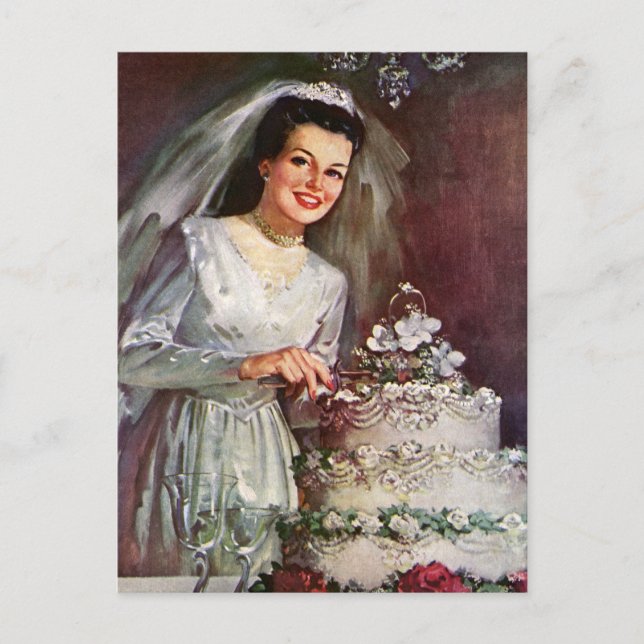 Vintage Wedding, Bride Cutting die Hochzeitstorte Postkarte (Vorderseite)