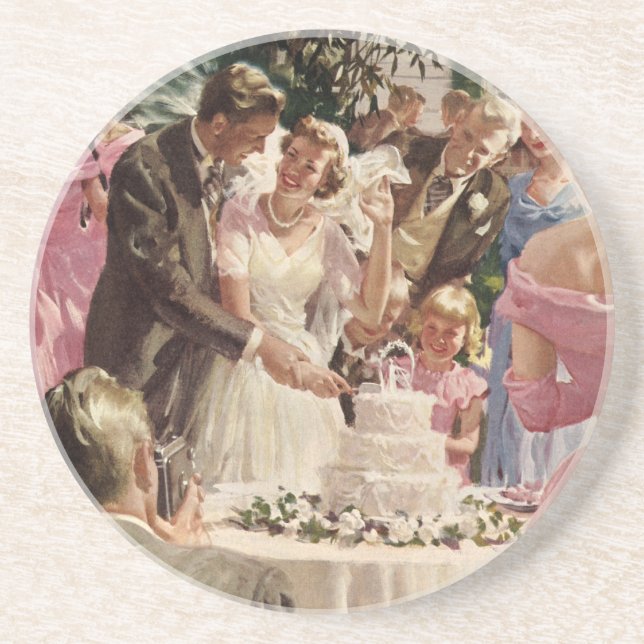 Vintage Wedding Bride Groom Neugierige Cut Cake Getränkeuntersetzer (Vorne)