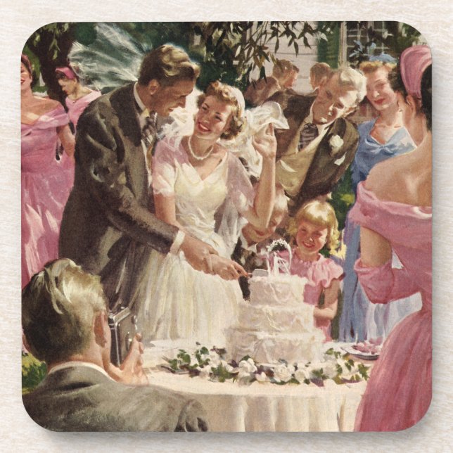 Vintage Wedding Bride Groom Neugierige Cut Cake Getränkeuntersetzer (Vorderseite)