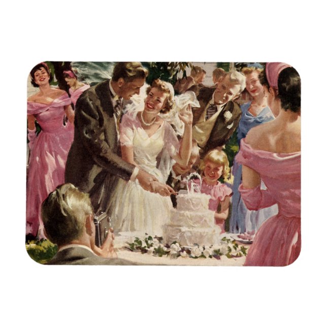 Vintage Wedding Bride Groom Neugierige Cut Cake Magnet (Horizontal)