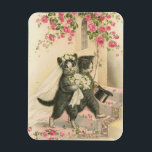 Vintage Wedding Cats, Magnet<br><div class="desc">Eine Vintage Abbildung von Braut- und Bräutigkatzenkatzen an ihrem Hochzeitstag. Sie gehen auf Hinterbeinen in ihrer Hochzeitskleidung,  die Braut,  die einen Strauß trägt,  entlang eines Rose Blütenwanderweges. Über ihnen hängt ein Bogen rosa Rosen.</div>