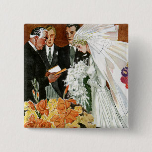 Vintage Wedding Ceremony, Bride Groom Newlyweds Button