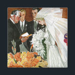 Vintage Wedding Ceremony, Bride Groom Newlyweds Magnet<br><div class="desc">Vintage Illustration Liebe und romanische Hochzeitsfeier mit einem Priester,  der die Gelübde der frisch verheirateten Paare liest. Die Braut trägt ein wunderschönes Hochzeitskleid und einen Schleier und hält einen Blumenstrauß mit weißen Blume,  der hübsche Bräutigam ist in einem Smoking-Anzug gekleidet.</div>