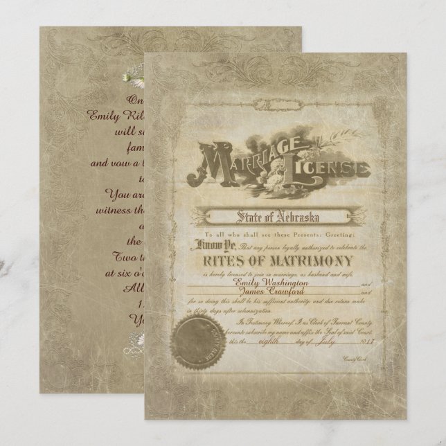 Vintage Wedding Certificate Einladung (Vorne/Hinten)