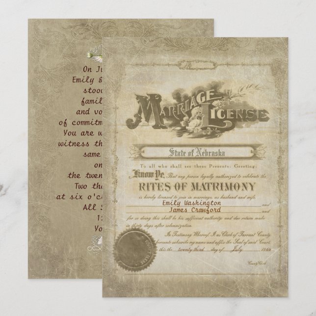 Vintage Wedding Certificate Einladung (Vorne/Hinten)