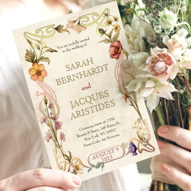 Vintage Wedding Einladung Jugendstil Deko (Retro Wedding Invitation with Art Nouveau Floral Frame. Antique Wedding Invite Template)