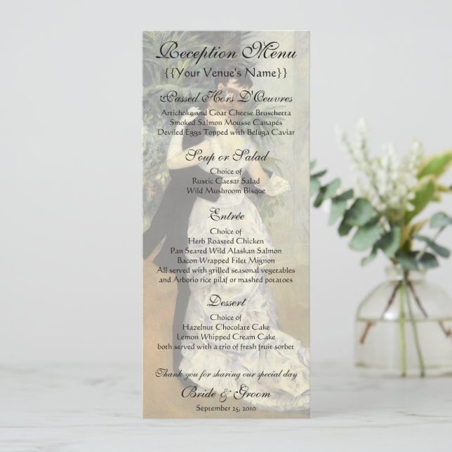 Vintage Wedding Empfang Menu, City Dance, Renoir Menükarte (Stehend Vorderseite)