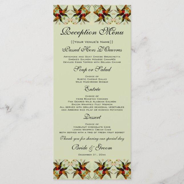 Vintage Wedding, Hummingbirds und Blume Menükarte (Vorderseite)