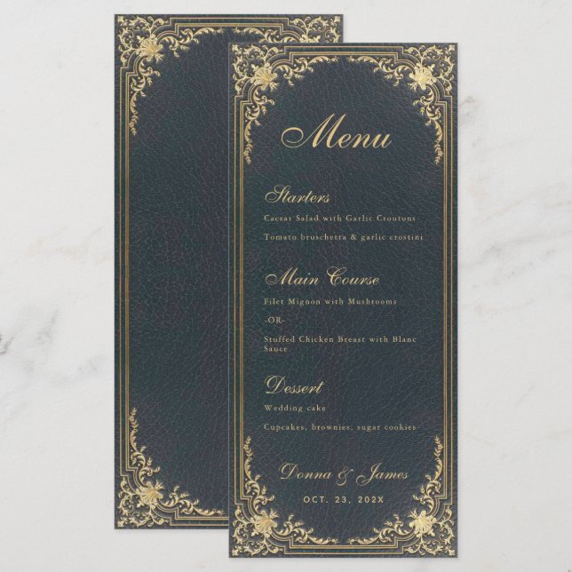 Vintage Wedding Menu - Blue Gold Elegantes Skript Menükarte (Vorne/Hinten)