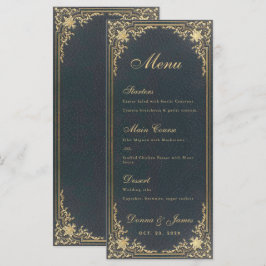 Vintage Wedding Menu - Blue Gold Elegantes Skript Menükarte