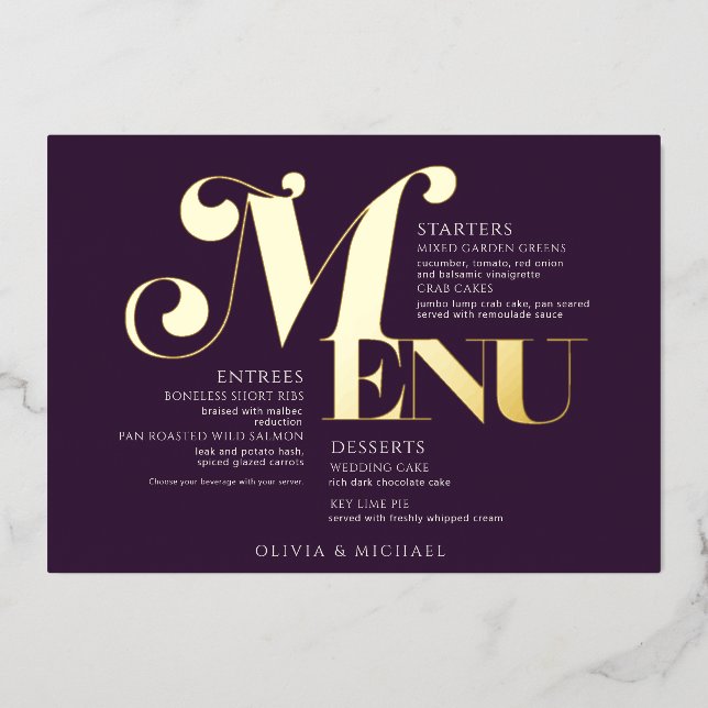 Vintage Wedding Menu Gold Plum Folieneinladung (Vorderseite)