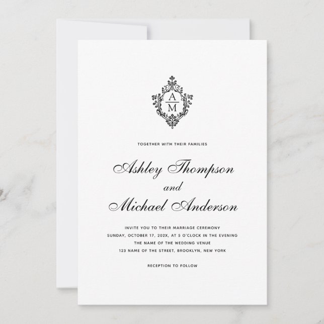 Vintage Wedding Monogram Wappen Schwarz-weißes Skr Einladung (Vorderseite)