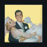 Vintage Wedding Newlyweds, Happy Bridge and Groom Magnet<br><div class="desc">Cute retro 50s kitsch design for a fun refrigerator magnet! To change the background color or add some custom text just click the "customize it" button to access the design tools. Vintage illustriert Love and Romance Wedding image featuring a handsome groom carrying his beautiful newlywed bride.</div>