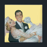 Vintage Wedding Newlyweds, Happy Bridge and Groom Magnet<br><div class="desc">Cute retro 50s kitsch design for a fun refrigerator magnet! To change the background color or add some custom text just click the "customize it" button to access the design tools. Vintage illustriert Love and Romance Wedding image featuring a handsome groom carrying his beautiful newlywed bride.</div>