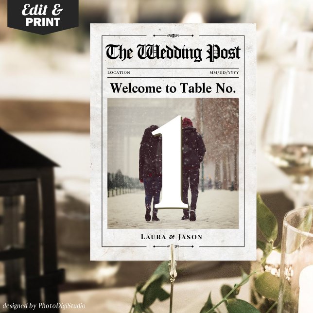 Vintage Wedding Newspaper Foto Tischnummer Card (Vintage Wedding Newspaper Photo Table Number Card)