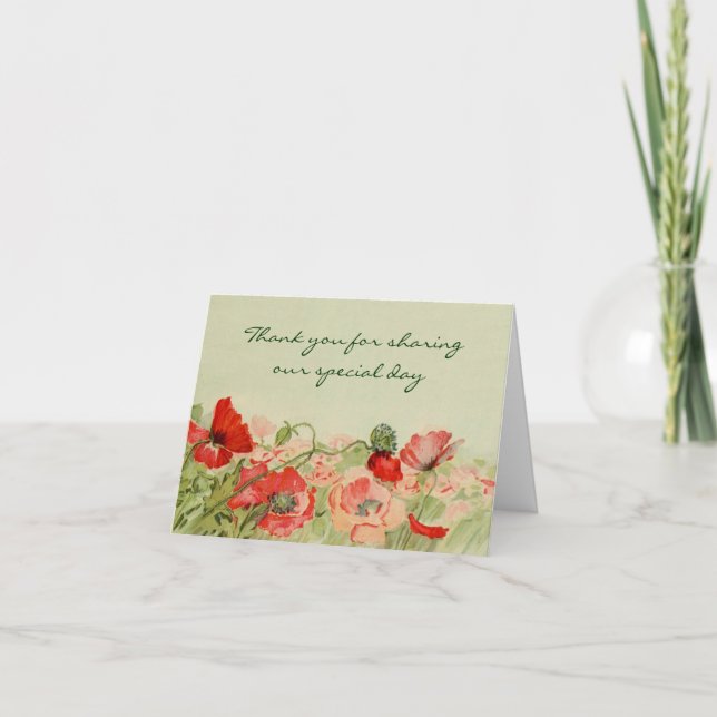 Vintage Wedding Red Poppy Blume Vielen Dank Dankeskarte (Vorderseite)