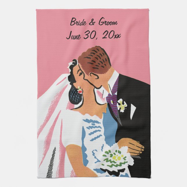 Vintage Wedding, Retro Bridge und Groom Kissing Geschirrtuch (Vertikal)
