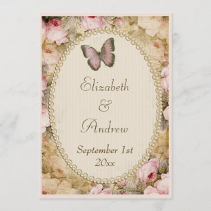 Vintage Wedding Rose Butterfly, Musiknoten Einladung