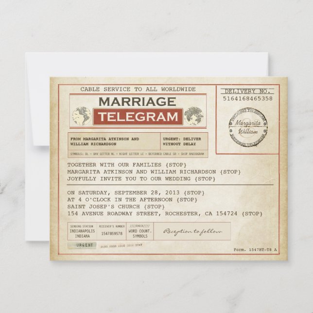 Vintage WEDDING Telegramme Einladung (Vorderseite)