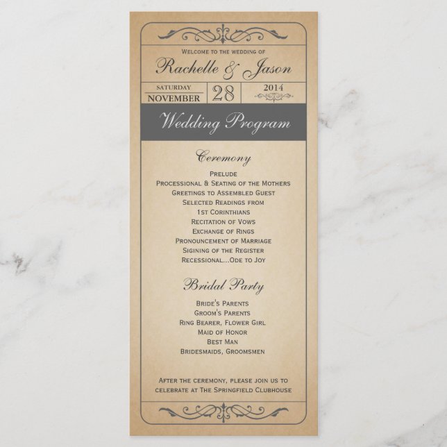 Vintage Wedding Ticket Programm (Vorderseite)