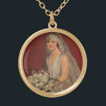 Vintage Wedding, Viktorianisch Bride Bridal Portra Vergoldete Kette<br><div class="desc">Vintage Illustration Liebe und romantisches Hochzeitsbild mit einer Braut in ihrem Hochzeitskleid und Schleier,  die ihren Hochzeitsbukett mit weißen Blume für ein Portrait hält.</div>