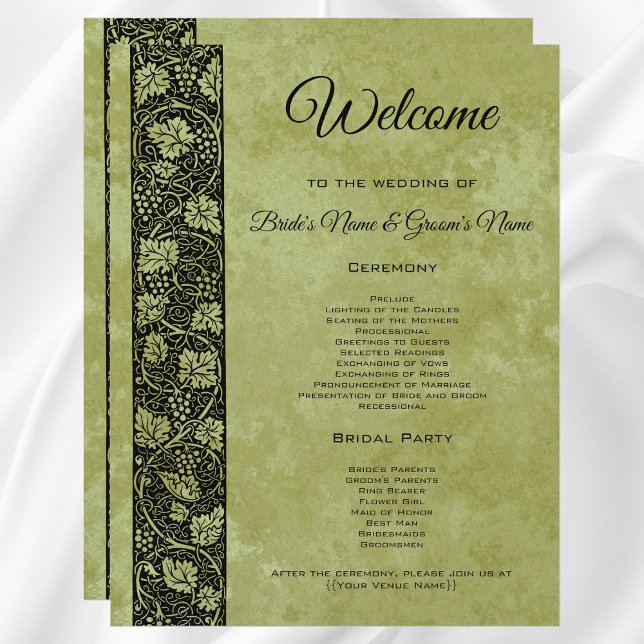 Vintage Wedding, Viktorianisches Weinprogramm (Vintage Wedding, Antique Victorian Grape Vines Wedding Program)