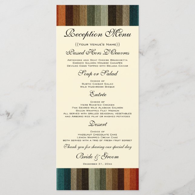 Vintage Wedding, warme Herbststreifen Muster Menükarte (Vorderseite)