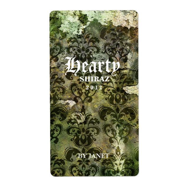 Vintage Wedding Wine Label Damask Grün (Vorne)