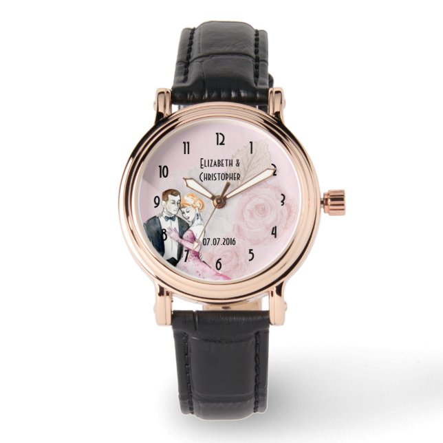 Vintage Wedple mit rosa Rose Personalisiert Armbanduhr (Vorderseite)