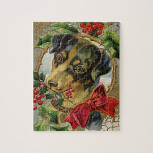 Vintage Weihnachten, Dachshund-Welpe mit Stechpalm