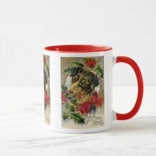 Vintage Weihnachten, Dachshund-Welpe mit Stechpalm Tasse