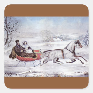 Vintage Weihnachten, Die Straße Winter, Schlittenp Quadratischer Aufkleber