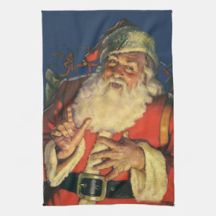 Vintage Weihnachten, fröhlicher Weihnachtsmann mit Geschirrtuch