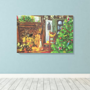 Vintage Weihnachten, gemütliche Blockhütte mit Kam Leinwanddruck