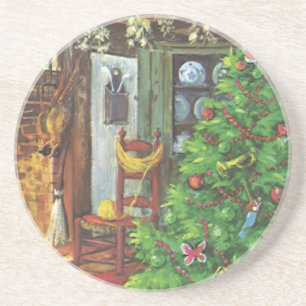 Vintage Weihnachten, gemütliche Holzhütte mit Kami Sandstein Untersetzer