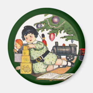 Vintage Weihnachten, Glücklicher Junge spielt mit  Magnet