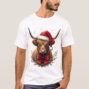 Vintage-Weihnachten Highland-Kuh in Santa-Hut Rust T-Shirt