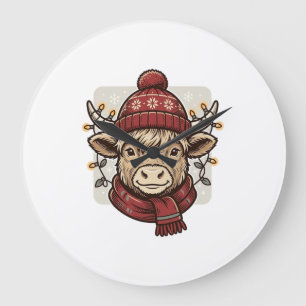 Vintage-Weihnachten Highland-Kuh-Vektor-Shirt-Desi Große Wanduhr