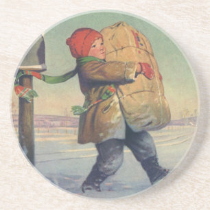 Vintage Weihnachten, Kind mit großem Paket Sandstein Untersetzer