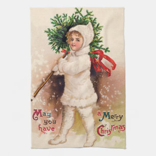 Vintage Weihnachten Kind und Baum Handtuch