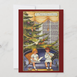 Vintage Weihnachten, Kinder sitzen auf einem Sofa Feiertagskarte