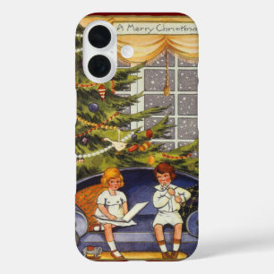 Vintage-Weihnachten, Kinder sitzen auf einem Sofa iPhone 16 Hülle