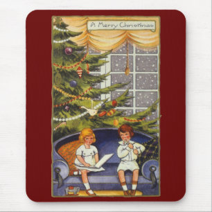 Vintage Weihnachten, Kinder sitzen auf einem Sofa Mousepad