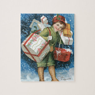 Vintage Weihnachten, Mädchen mit Geschenken im Sch