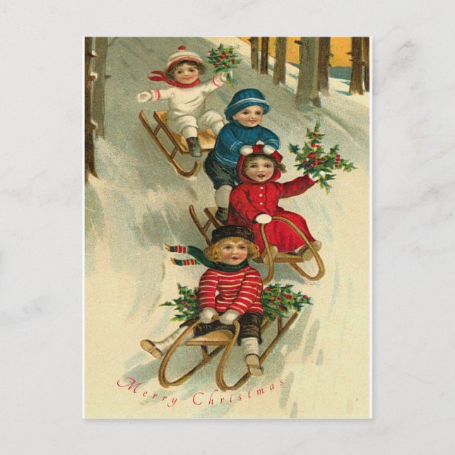 Vintage Weihnachten niedliche Kinder Schneeschlitt (Vorderseite)