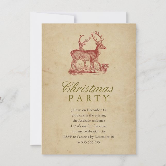 Vintage Weihnachten Party Roter Hirsch Rustikaler  Einladung (Vorderseite)