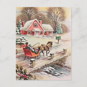 Vintage-Weihnachten Pferd & Kutsche Brücke Schnee Postkarte