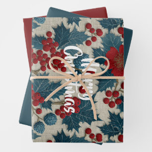 Vintage-Weihnachten-Rote-Beeren-Botanik-Leinen Geschenkpapier Set