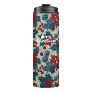 Vintage-Weihnachten Rote Beeren Botanische Leinen Thermosbecher